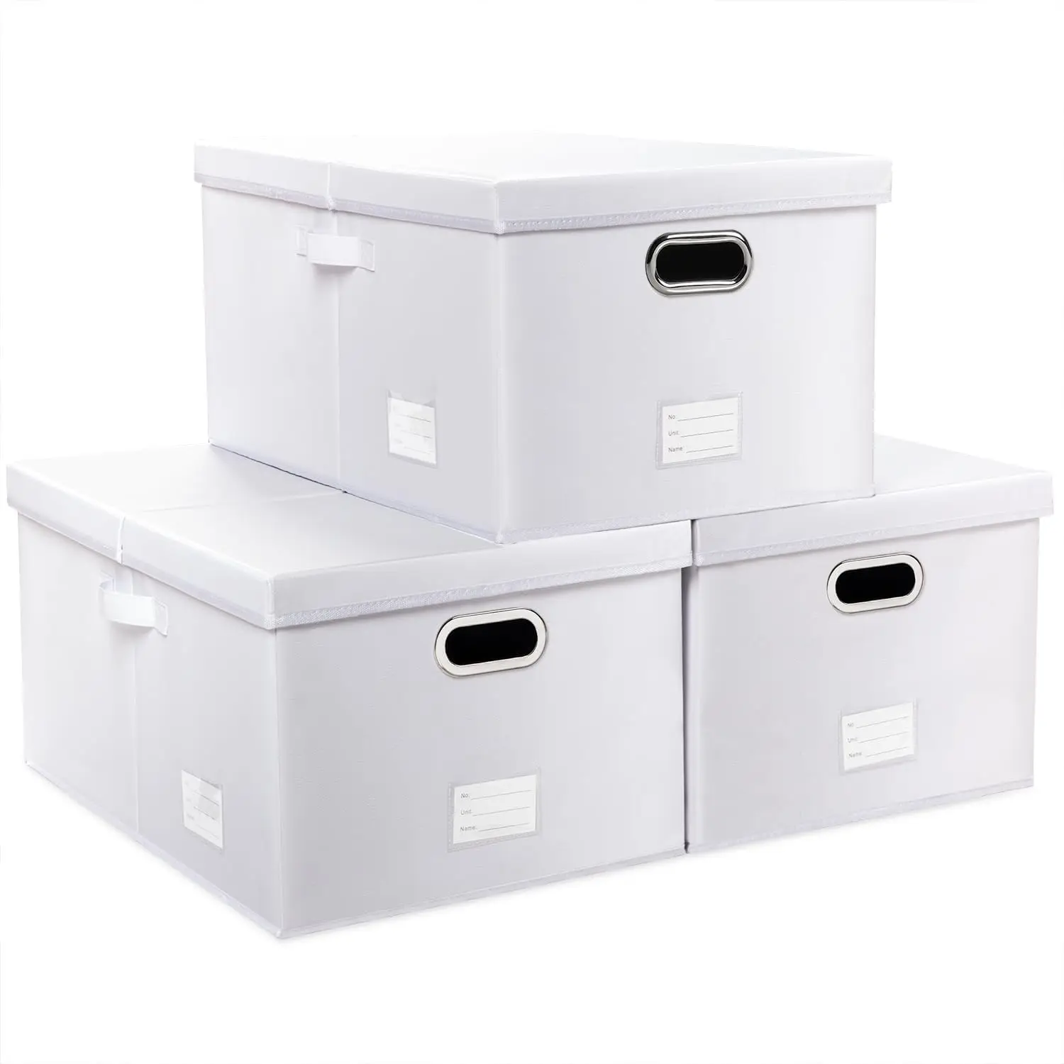 

Collapsible Storage Box with Lid [3-Pack] Leather Fabric Foldable Bin Organizer for Home Bedroom Closet Office