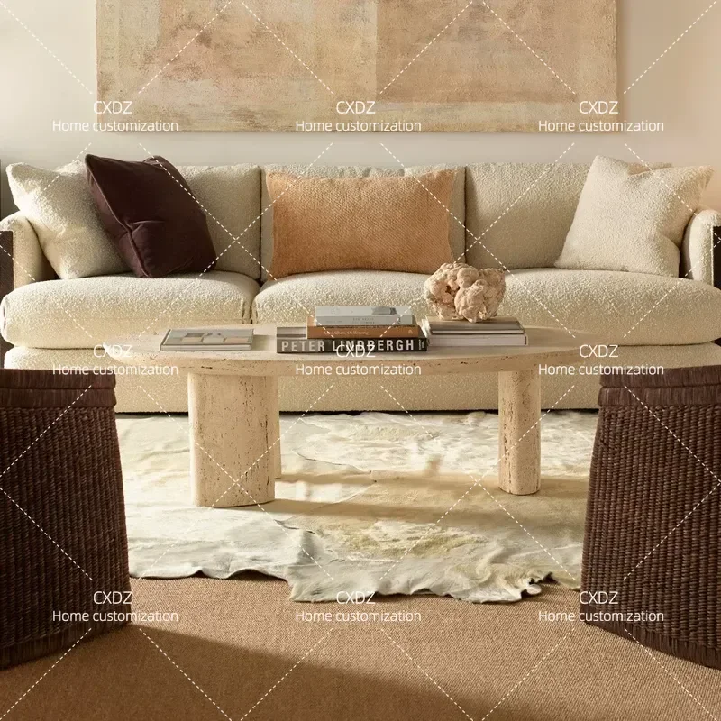 Nordic natural travertine coffee table creative light luxury model house home living room oval coffee table