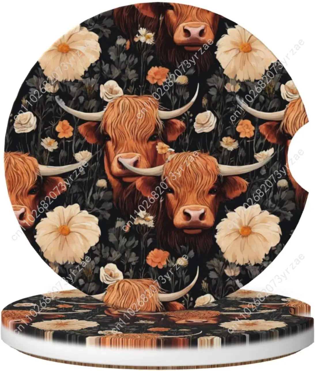 

Highland Cow Flower Car Coasters 2pcs Absorbent Anti Slip Car Coasters Scalding Waterproof Easy Clean Car Interior Accessories