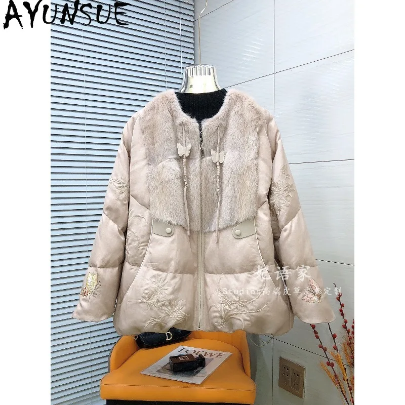 AYUNSUE Women's Down Coats with Mink Fur Chinese Style O-neck Women Winter Jackets Casual Loose Outerwears Woman Clothes Casaco