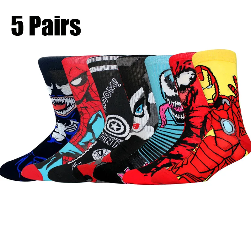 

5 Pairs Anime Marvel Socks Funny Men Socks Spider Man Iron Man Venom Captain America Creative Women Long Skateboarding Socks