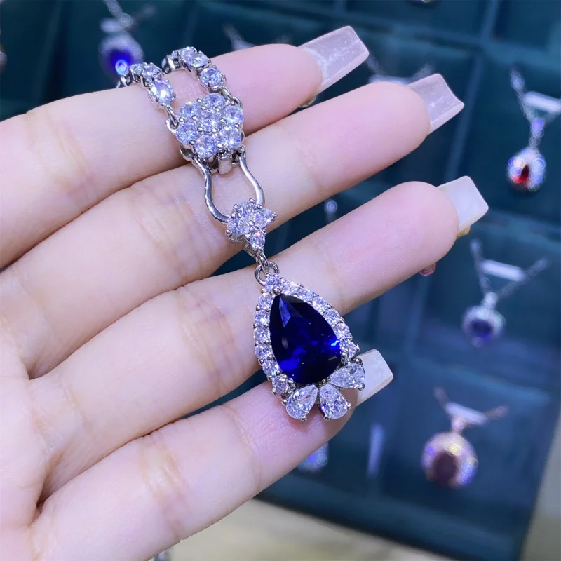 

Spinel Blue Corundum Fluorescent Light Color-Changing Open Ring Women's Elegant Pendant Earrings Three-Piece Set
