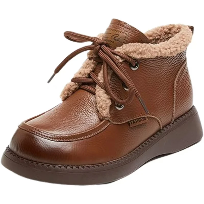 

Women Winter New Genuine Leather Lace Up Cotton Boot Soft sole Non Slip Plush Keep Warm Flat Sole Ankle Boot Elderly Cotton Shoe