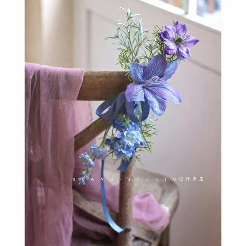 Customized French blue-purple simulation flower lawn wedding chair flower natural style original handmade wedding design