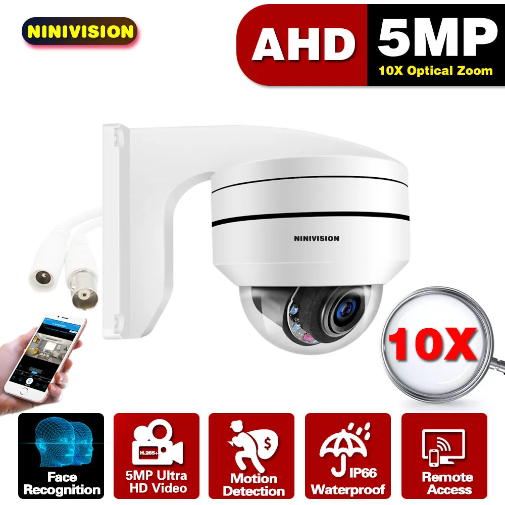 

5MP AHD PTZ Security Camera Outdoor 10X Zoom Speed Dome Surveillance Camera IR 50m Day Night Vision IP66 Weatherproof P2P View