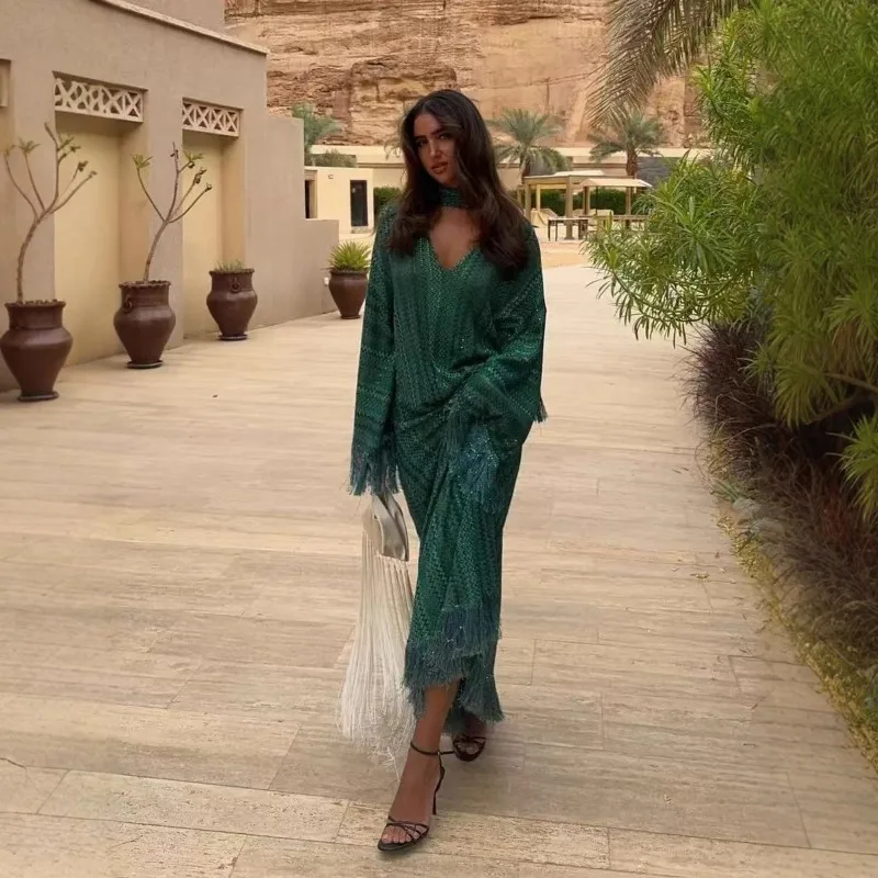

2025 New Women's Elegant V-Neck Maxi Dress Flowy Robe with Fringe Tassel Print Bohemian Style Lightweight Long Dress for Holiday