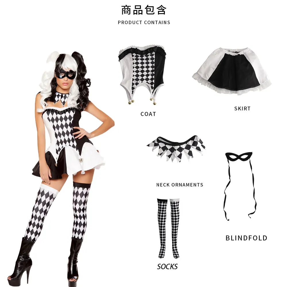 Disfraz de Arlequín Blanco y Negro para Mujer, Conjunto Completo de 5 Piezas, Traje de Payaso con Máscara y Calcetines para Fiesta de Halloween