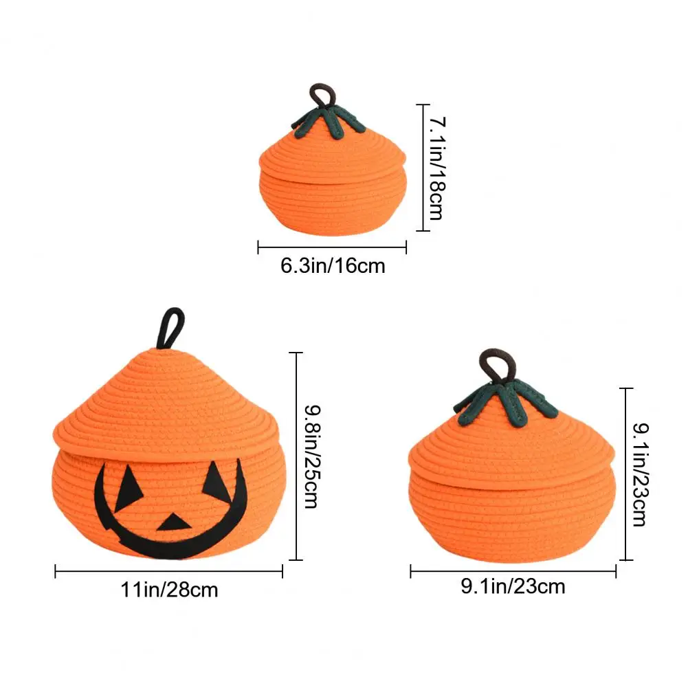 Small Plant Holder Basket Halloween Woven Pumpkin Basket with Lid Handmade Rope Candy Container Trick or Treat Storage Bin Cute