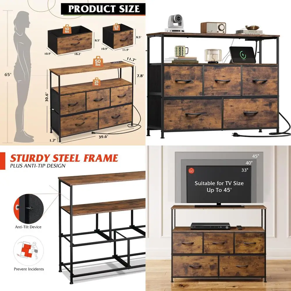 

5-Drawer Bedroom Dresser with Charging Station, Fabric Storage Chest with Open Shelves, Living Room Storage Cabinet in Rustic Br