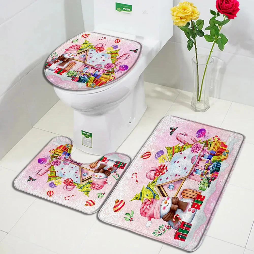 

Розовый рождественский коврик для ванной, набор милых снеговиков, конфетный домик, рождественская елка, подарок, домашний ковер, детский декор для ванной комнаты, напольные коврики, крышка унитаза