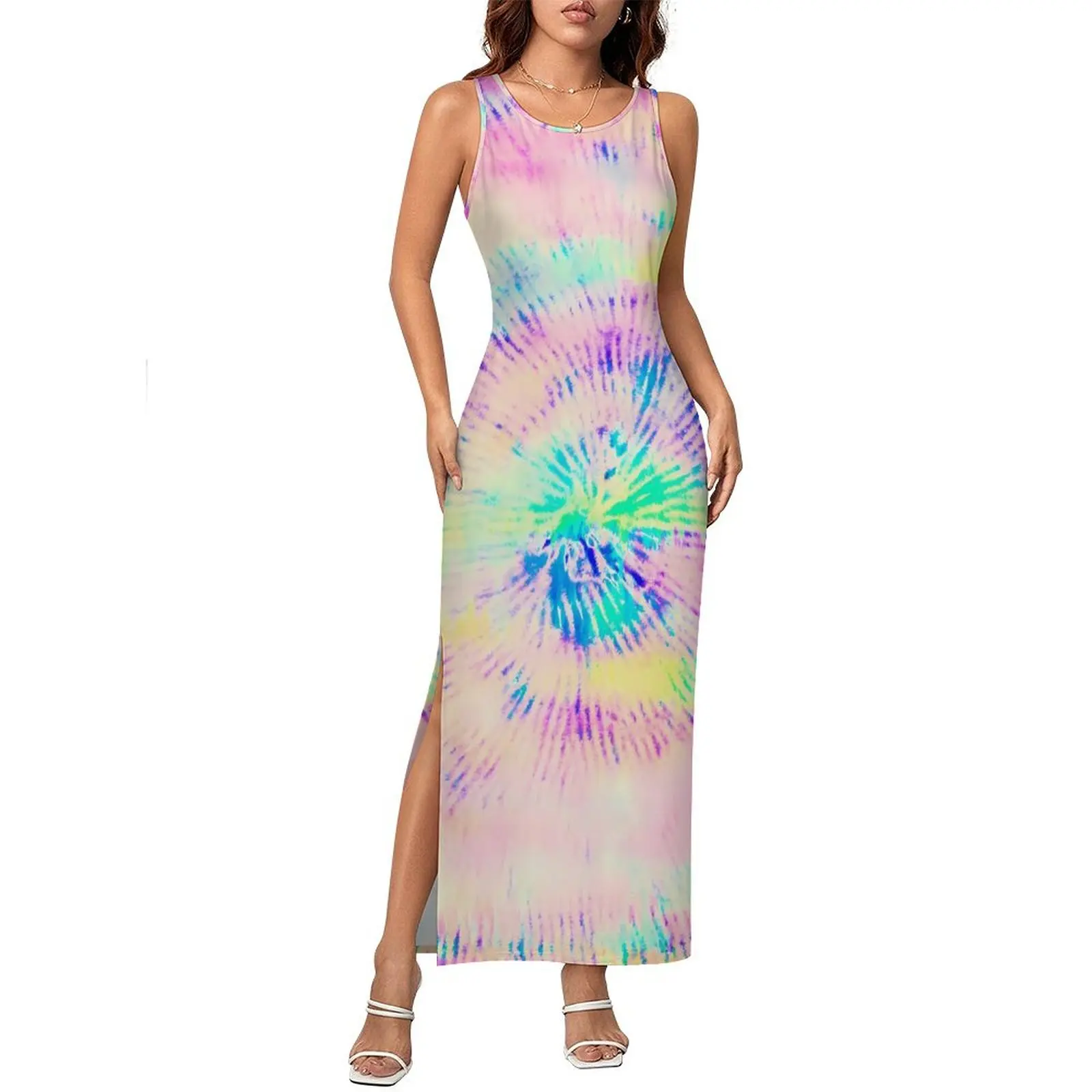 สีนีออนพิมพ์ชุดแขนกุดสีสัน Tie-Dye Street สไตล์ Maxi ชุดเดรส Elegant Bodycon Dress Lady Graphic Oversize Vestido