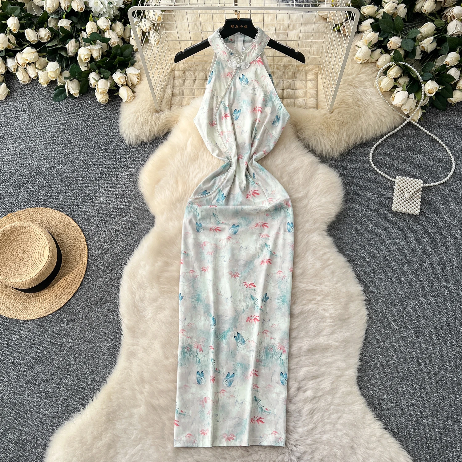 

Chic Elastic sleeveless Beading print sweet Women Elegant Korean Fashion Vestidos Summer Slim pencil dress