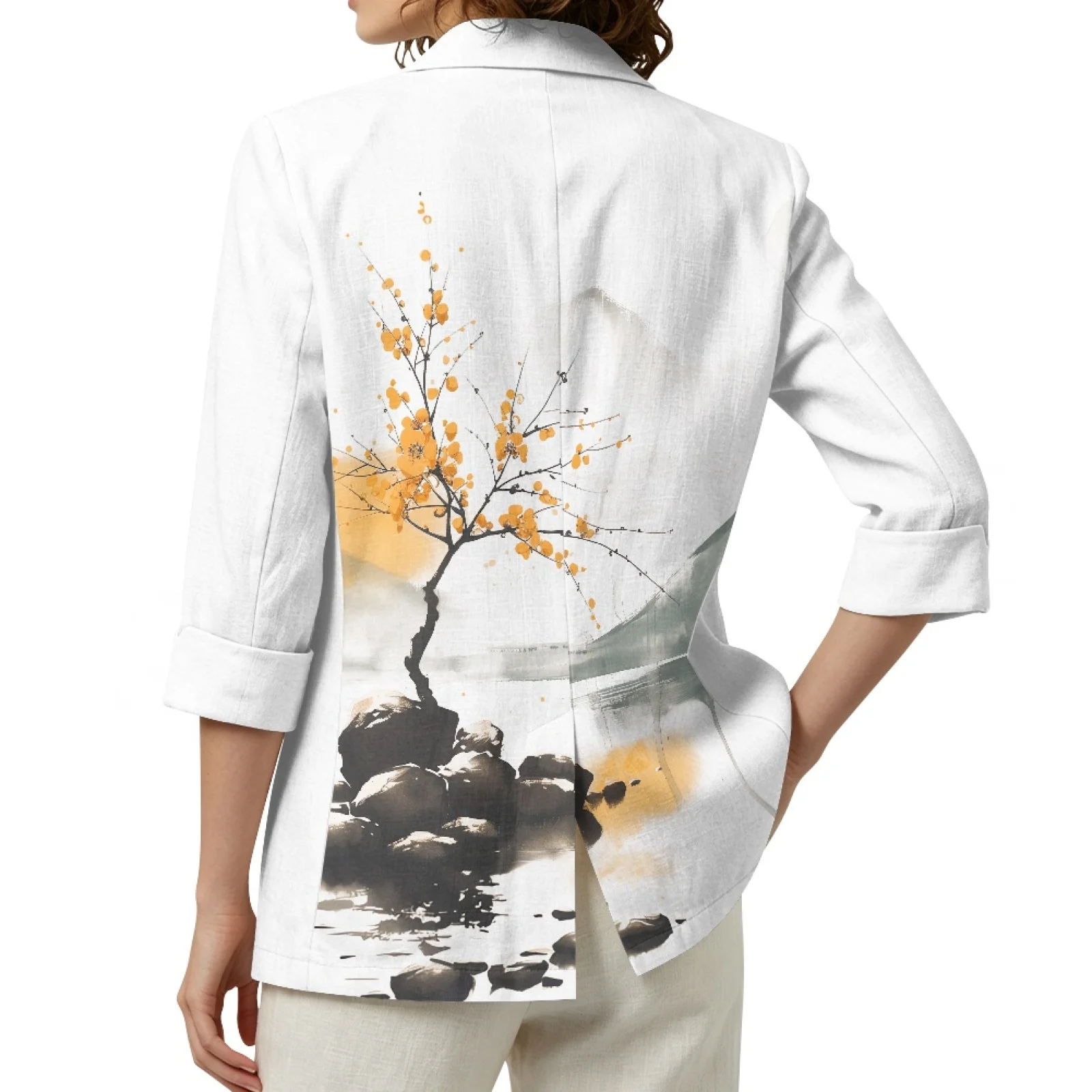 PENSTROLL Ink Wash Landscape Print Linen Style Layering Tank Jacket Casual Open Front Cardigan for Vacation Sizes S-3XL