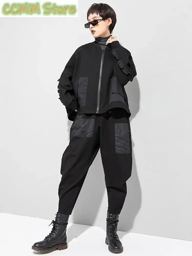 Loose Fit Black Pocket Ruffles Big Size Jacket New Stand Collar Long Sleeve Women Coat Fashion Autumn Winter