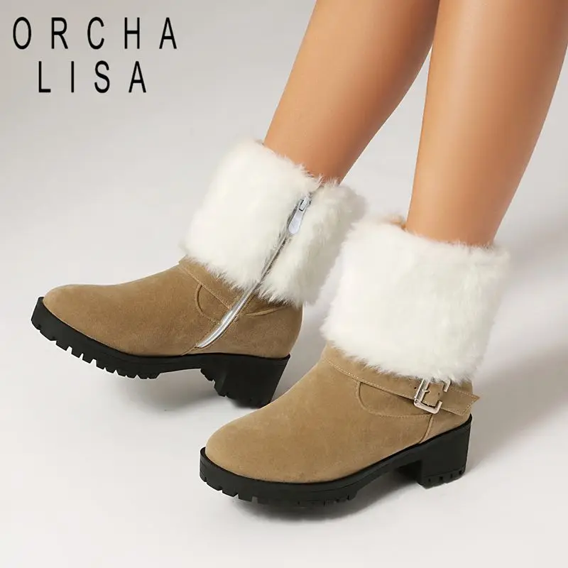 

ORCHA LISA 2025 New Women's Ankle Boots Round Toe 4.5cm Block Heel Zipper Flock Suede Large Size 40 42 43 Warm Casual Winter