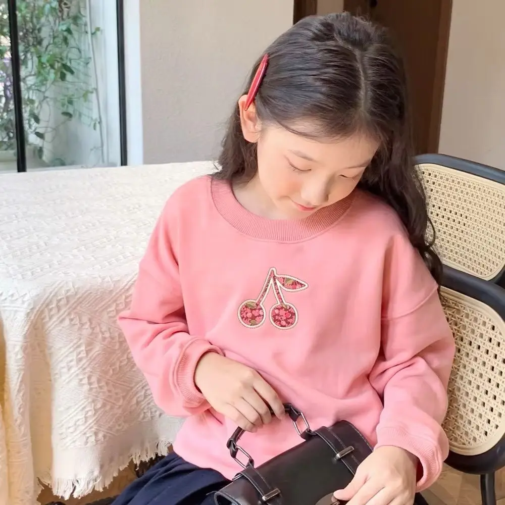 

baby girl hoodie girls clothes Pink French style sweatshirt fabric patchwork embroidered cherry pattern pullover