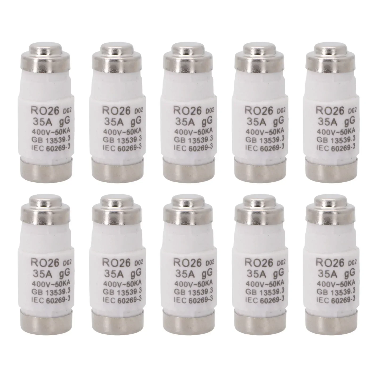 

Pack of Spiral Earthenware Fuses for Equipment Protection Contains Ten Units Rated at 35A Current and Up to 400V Voltage