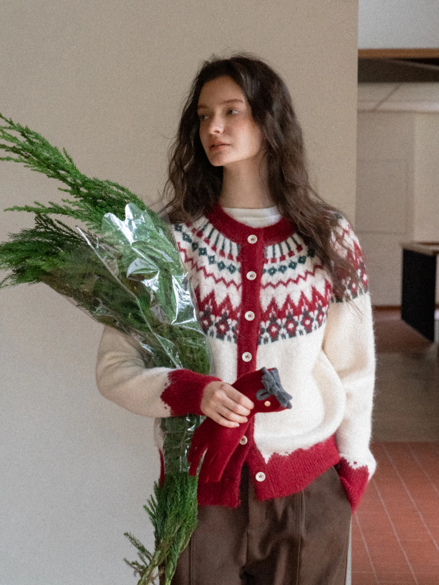 

Cisas Theme Fair Isle Knitted Cardigan round Ne Loose Commute Casual Outerwear Top EGGKA Brand Polyester Nylon Wool Ble...