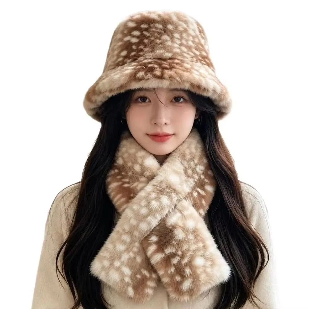 Thick Warm Deer Patterned Faux Fur Hat Faux Mink Fur Soft Fluffy Cross-tie Scarf Luxury Thermal Windproof Winter Hat Scarf Set