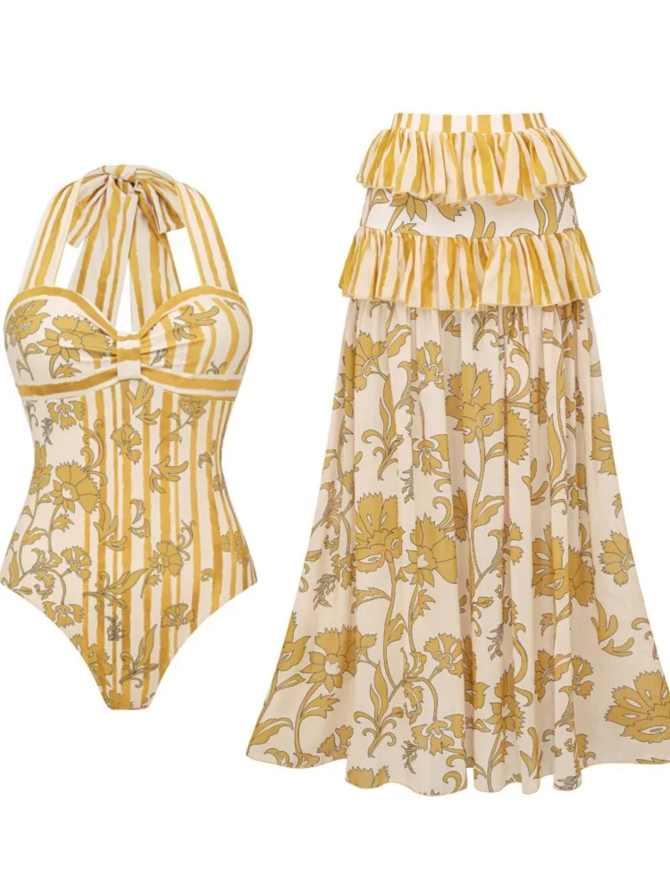 Retro Bikini Printed Fashion Two Piece Swimsuit And Cover Up With Skirt Tight Women's Bandage Summer Beach Luxury Elegant
