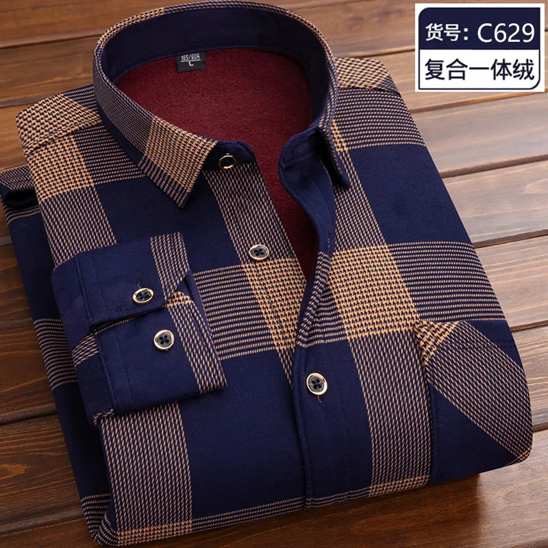 2024 Men\'s Autumn Winter Long Sleeve Plaid Shirt Thick Warm Men Casual Soft Shirts Fashion Bussiness Tops Clothing Big Size 4XL