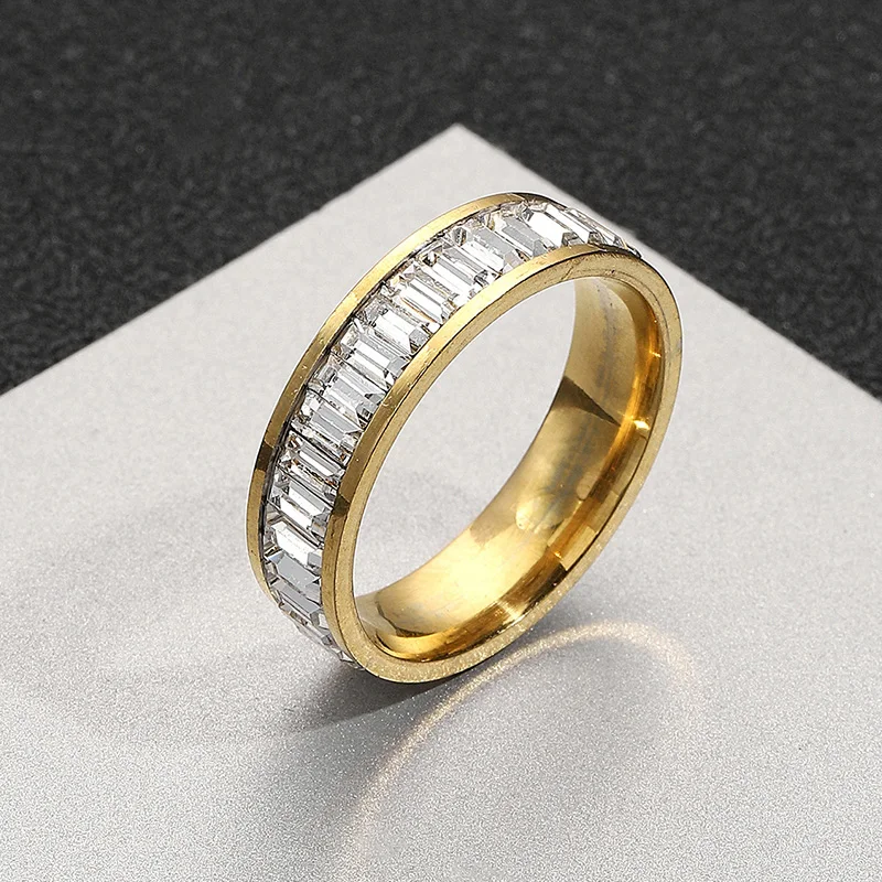 Nuevo anillo de circonia cúbica helado de 6mm para mujer, anillos de boda de acero inoxidable de Color dorado/plateado para mujer, regalo de joyería de moda