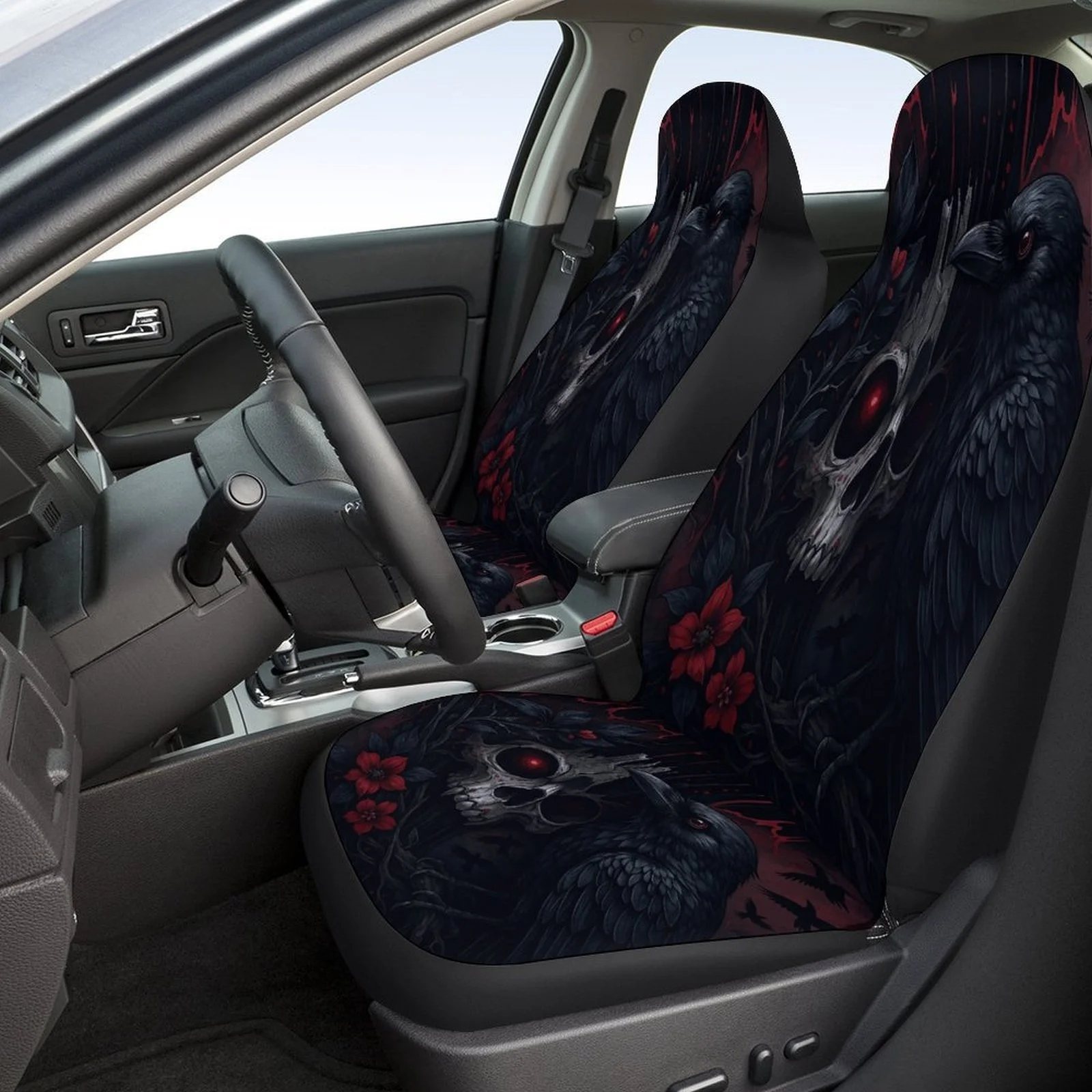 Raven And Skull Design Car Seat Cover Set For Most Cars, High-Quality Comfortable Full Set Protector Covers For 2 Front Seats An