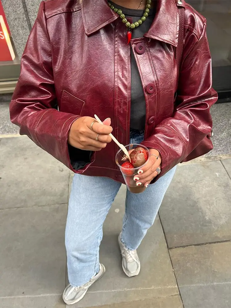 Chaqueta de cuero Pu con solapa roja vino Vintage para mujer, abrigos elegantes de manga larga con botonadura única y bolsillos, ropa de calle alta para mujer, moda