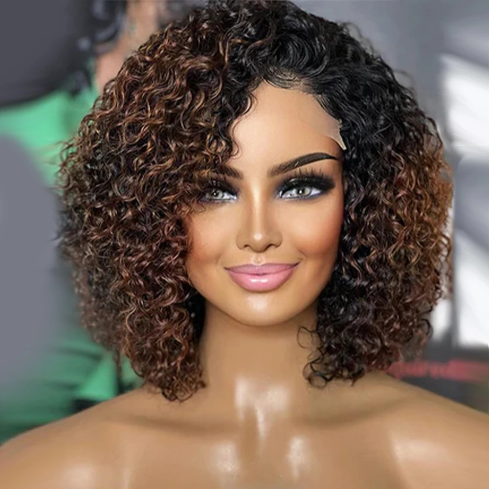 

Short Afro Kinky Curly Human Hair Wigs 180% DensityOmbre Highlight Human Hair Wig With Bangs Brazilian Curly Bob Wig For Women