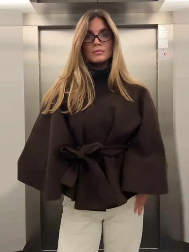 

Elegant Fleece Women's Coats Solid Stand Long Sleeve Belted Lace-Up Button Jackets 2025 Autumn Winter Outerwear Female Tops