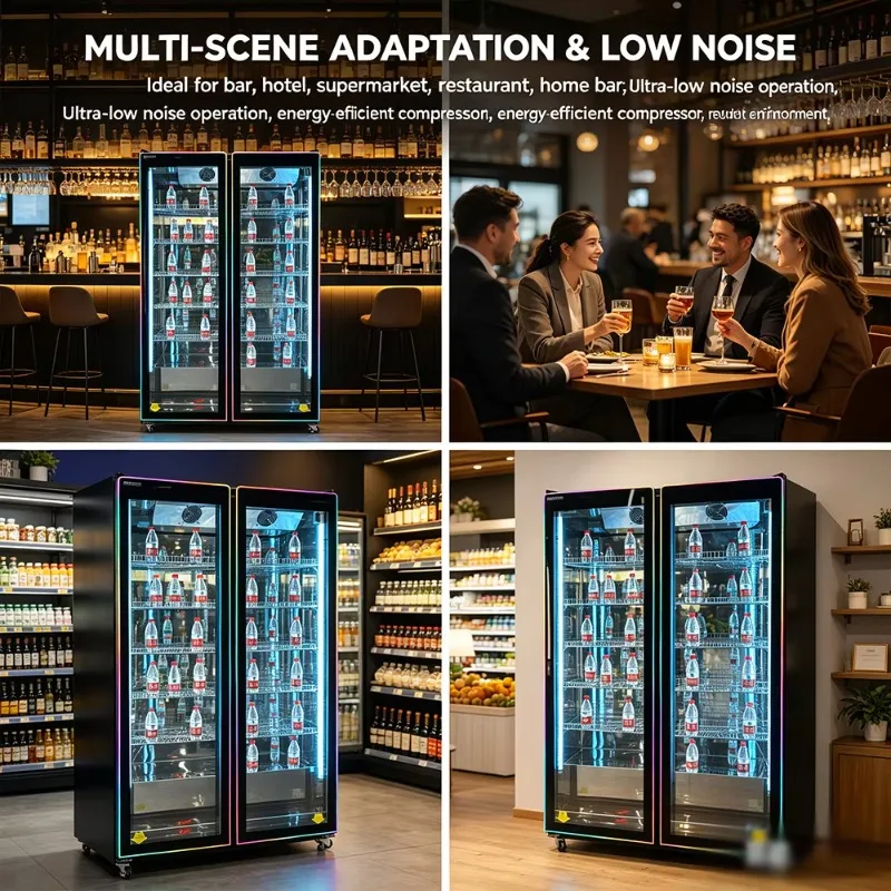 LED Full Screen Glass Doors Commercial Air Cooling Beverage Cooler Upright Showcase Refrigerator for Wine and Beverages