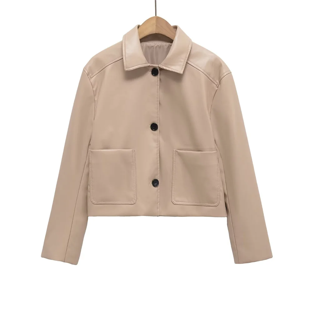 BMURHMZA レディース新作 シャツカラー 長袖 シングルブレスト スマート通勤スタイル ショート丈 テクスチャPUレザー風ジャケット