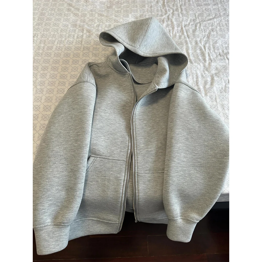 Damski szary płaszcz z kapturem, jednolity kolor, długi rękaw, luźna kurtka na zamek błyskawiczny, styl sportowy, damska moda jesienna, oversize, odzież wierzchnia.