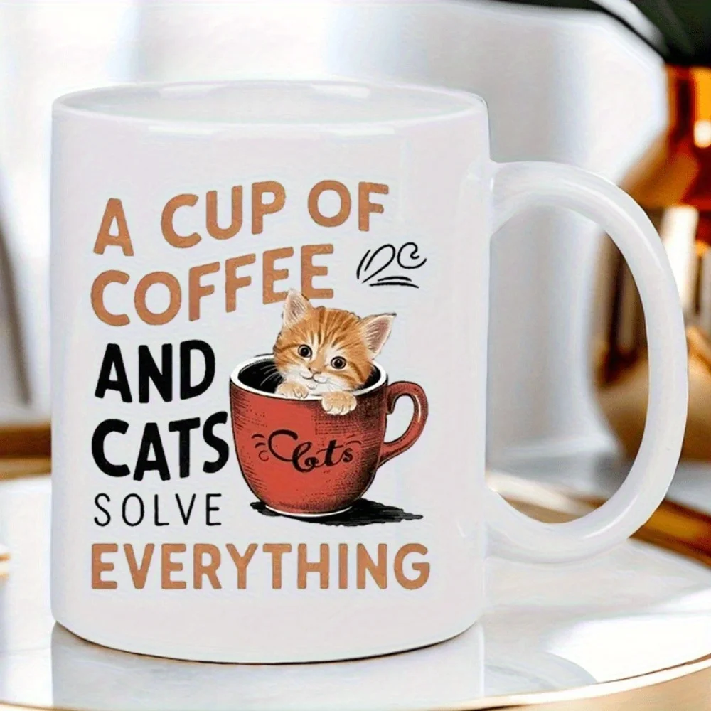 A Cup of Coffee and Cats Solve Everything Mug, 320ml Ceramic Coffee Cup for Cat Lovers Cute Kitten in Mug Design Funny Gift for
