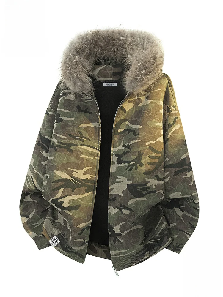

Мужская камуфляжная толстовка Paul Frank свободного кроя с меховым воротником, осенняя куртка в американском стиле, удобная толстовка с длинными рукавами