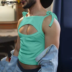 INCERUN Men Tank Tops Solid Color Sleeveless Hollow Out Lace Up Sexy Male Crop Tops Streetwear Summer 2024 Fashion Men Clothing