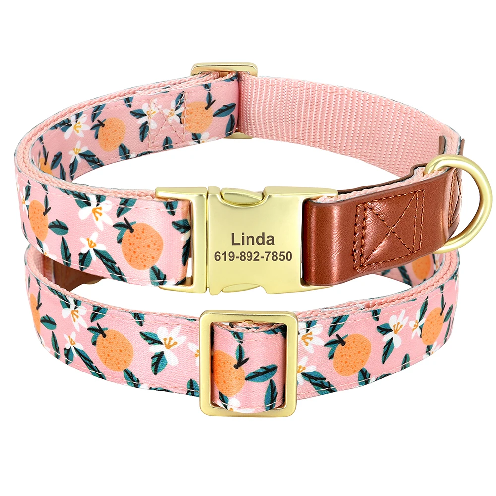 Custom Engraved Dog Collar Adjustable Pet Buckle Collars Anti-lost Flower Printed For Small Medium Large Dogs French Bulldog