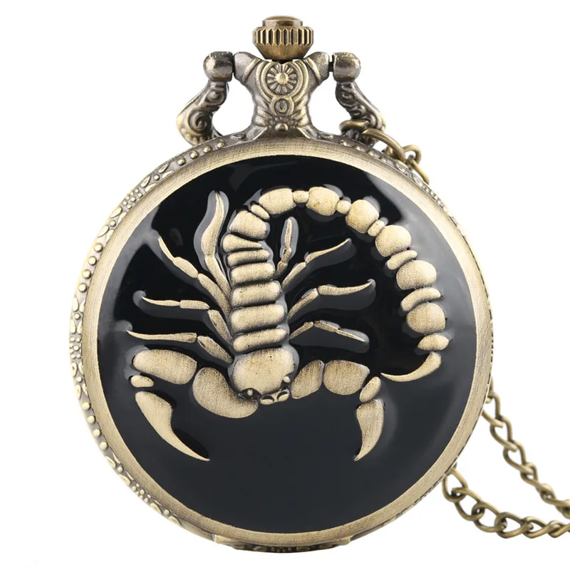 Steampunk – montre De poche à Quartz pour hommes et femmes, motif Scorpion, rétro, chiffres arabes, horloge, collier, chaîne, pull