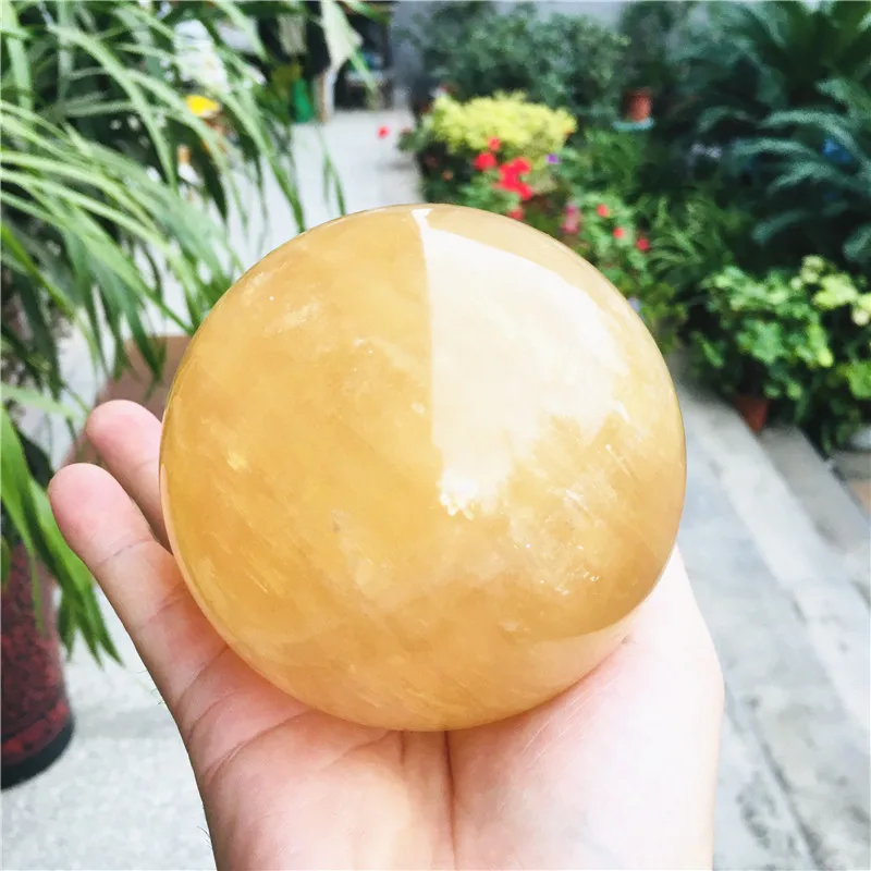 Natural Citrine Calcite Quartz Crystal Sphere Ball Healing Gemston Home Decor+ wood bracke