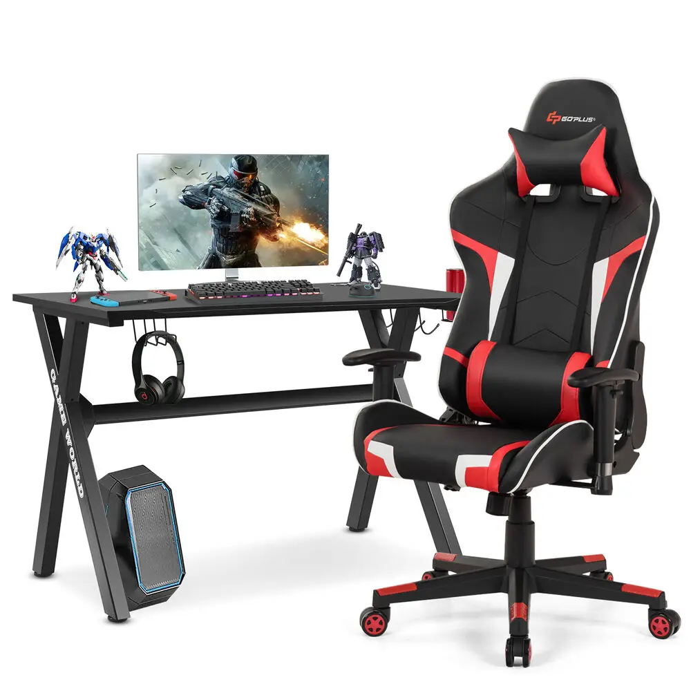 Costway X-Shaped Gaming Desk & Racing Style Massage Chair Set Home Office Black+Red