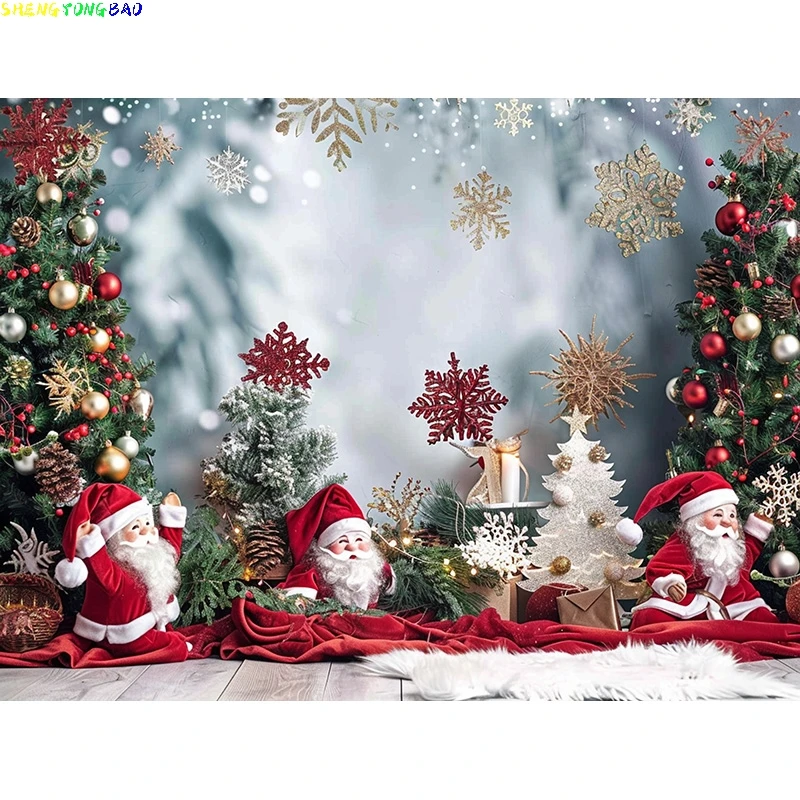 Christmas Tree With Gift Boxes Photography Backdrops Winter Snow Decorations Wooden Door Fireplace Room Background Props WR-18