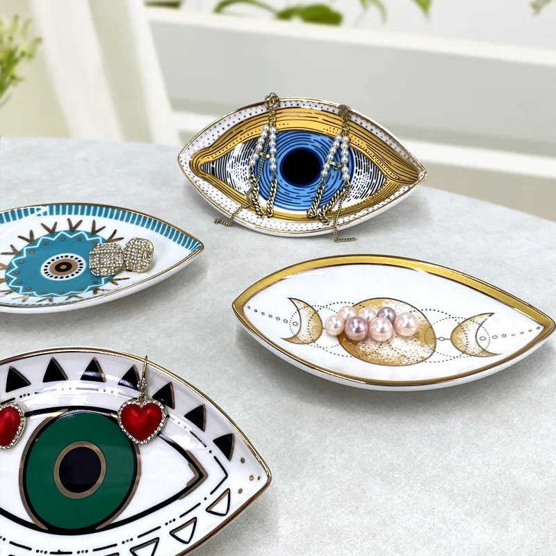 Creative Elliptical Eye Ceramic Tray,Porch Home Decor, Devil Eye Jewelry Storage Tray,Fruit Dim Sum Plate Living Room Decoration