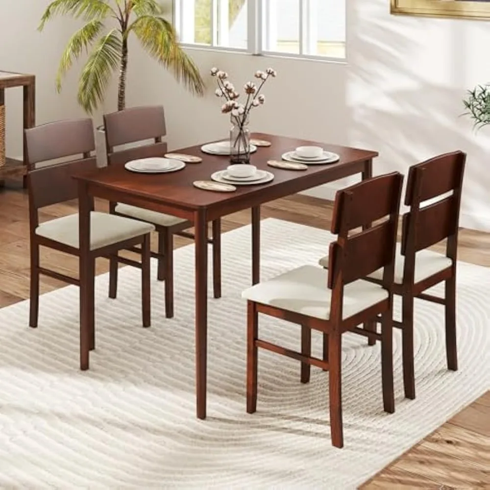 

5-Piece Dining Table Set for 4, Farmhouse Wooden Kitchen Table & 4 Upholstered Chairs with Padded Seat and Rubber Wood Legs