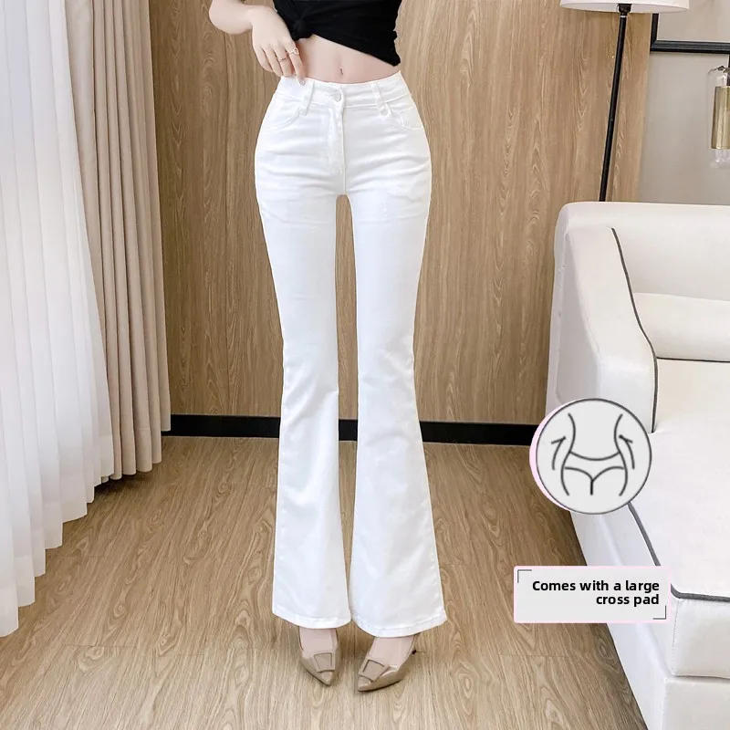 

Сексуальные корейские джинсы-клеш для женщин, с фиксированным поясом, белые, со средней посадкой, из хлопкового стрейч-денима, зауженного кроя