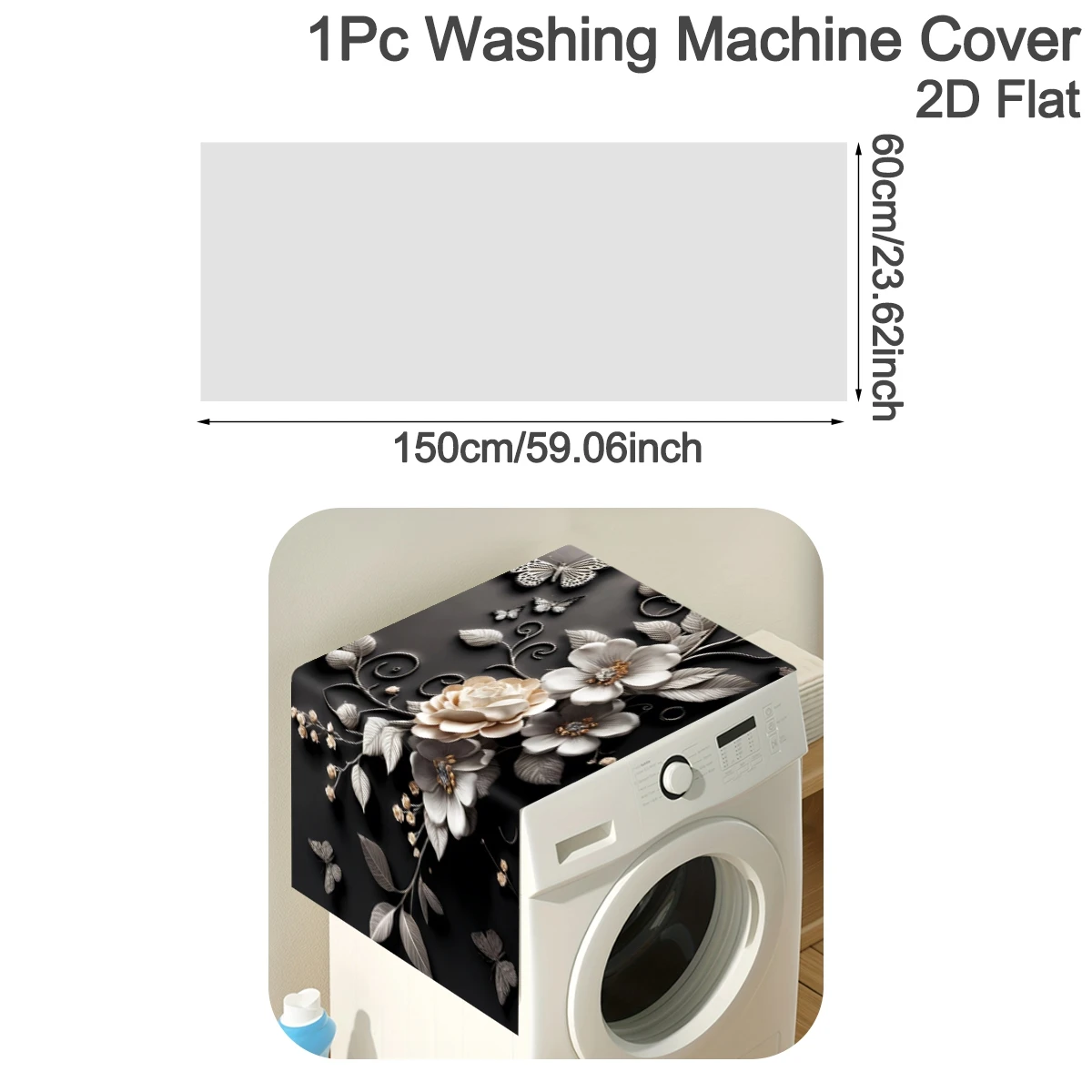 Washing Machine Cover 60x150cm Polyester Floral Butterfly Print Anti-Slip Dustproof Protector Laundry Room Decor Pad, 2D Flat