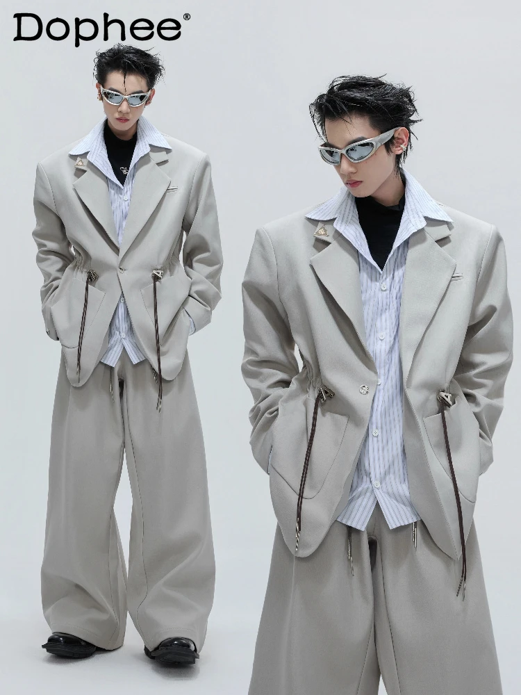 

Men's 2025 Autumn Winter New Striped Shirts Faux Two-Piece Suit Jackets Men's Drawstring Waist-tight Padded Shoulder Suit Sets