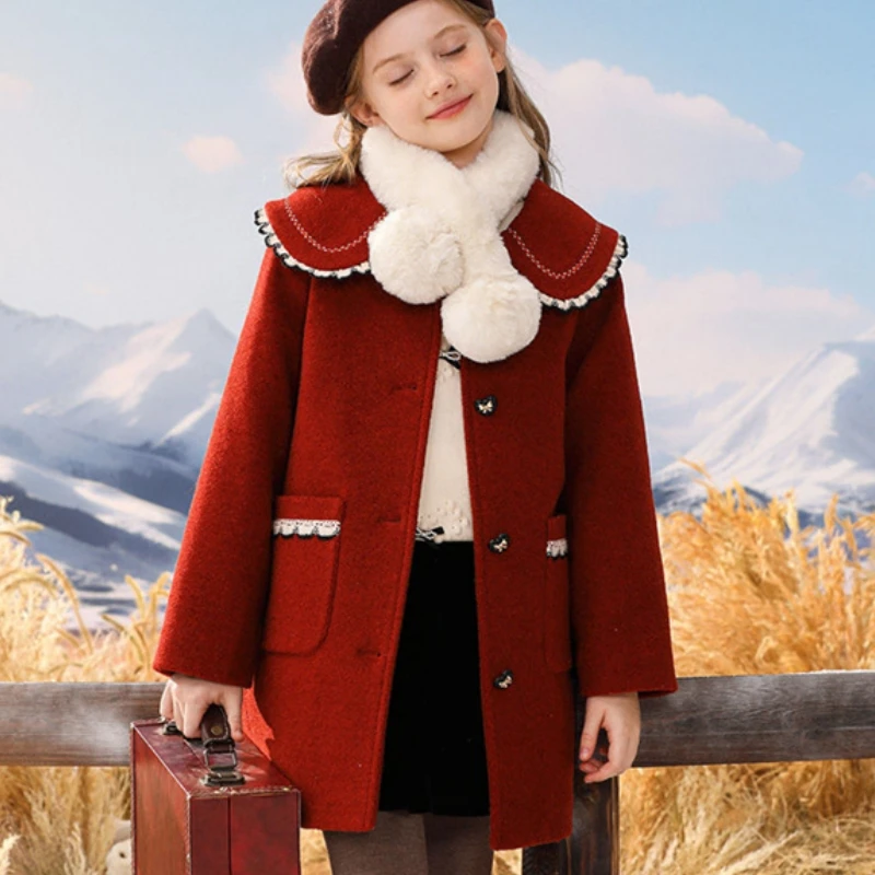 Girls Woolen Coat Jacket Windbreak 2023 Red Wine Warm Thicken Winter Cotton Overcoat Christmas Teenagers Children\'s Clothing