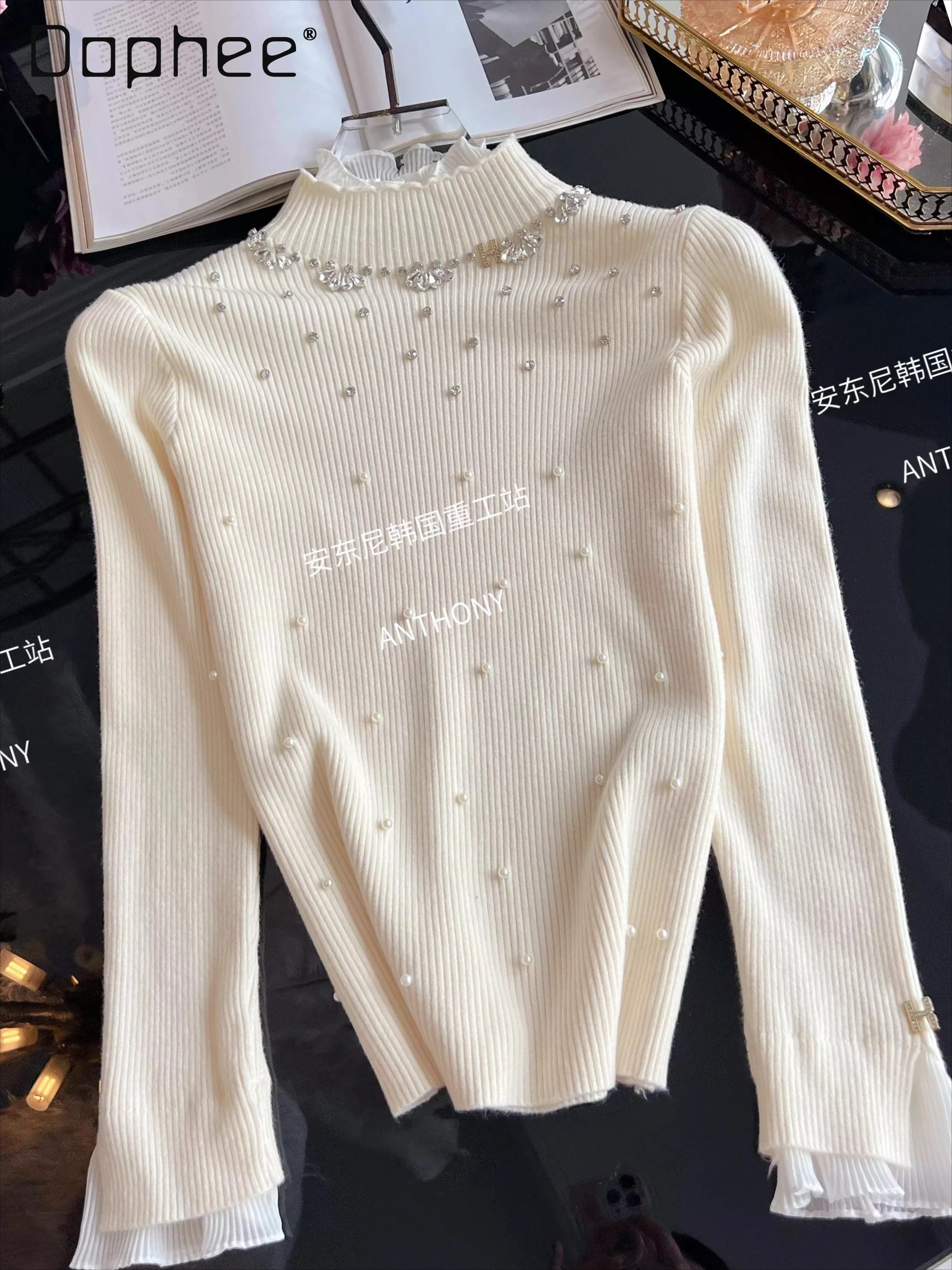 

Sweet Beaded Knitted Sweater Women Fashion Autumn Winter New Heavy Beaded Rhinestone High Neck Long Sleeve Loose Slim Sweaters
