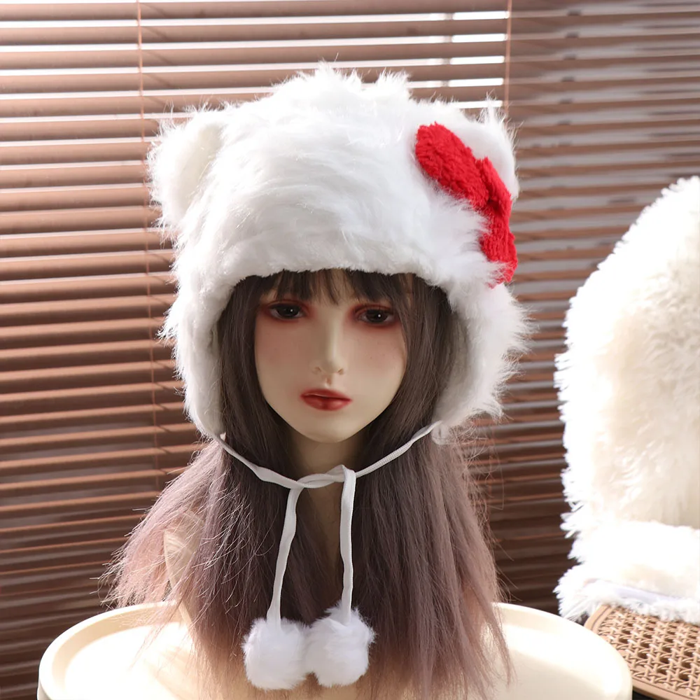 

Модная теплая шапка-бини с бантом, ветрозащитная, пушистая, плюшевая, в корейском стиле, утолщенная, с защитой для ушей, зимняя