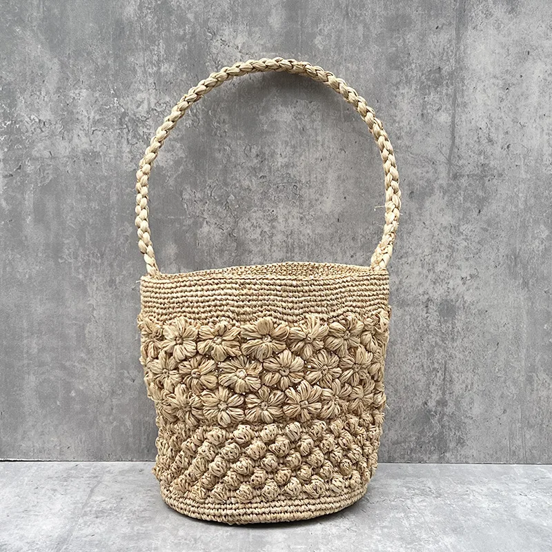 

Bohemian Raffia Beach Bags for Women Bucket Bag Luxury Flower Straw Bag Women Handbag Handmade Travel Rattan Shoulder Bags Tote